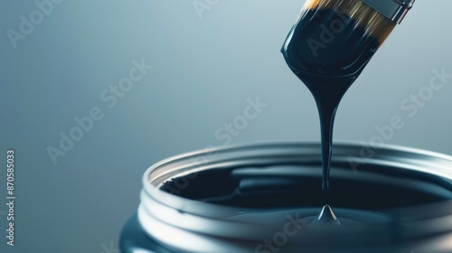 A close-up shot of a paint brush being dipped into a can of paint, with a single drop of paint dripping from the brush