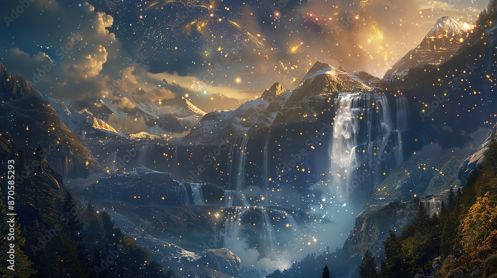 A magical waterfall cascading under the brilliance of a stardust-filled sky A magical waterfall cascading under the brilliance of a stardust-filled sky