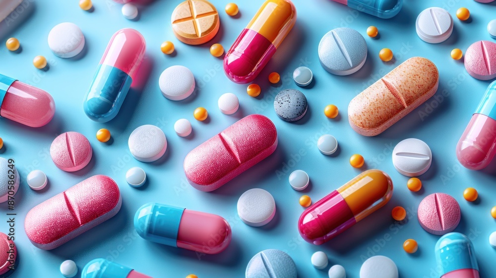 A close-up photograph showcasing a variety of pills and tablets scattered on a blue surface A close-up photograph showcasing a variety of pills and tablets scattered on a blue surface