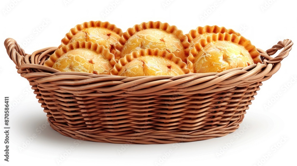 A wicker basket filled with freshly baked empanadas, ready to be enjoyed A wicker basket filled with freshly baked empanadas, ready to be enjoyed