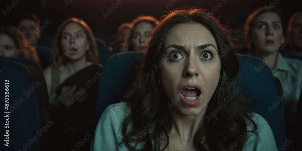 Scared young woman in the cinema watching a horror or thriller movie. Generative AI Scared young woman in the cinema watching a horror or thriller movie. Generative AI
