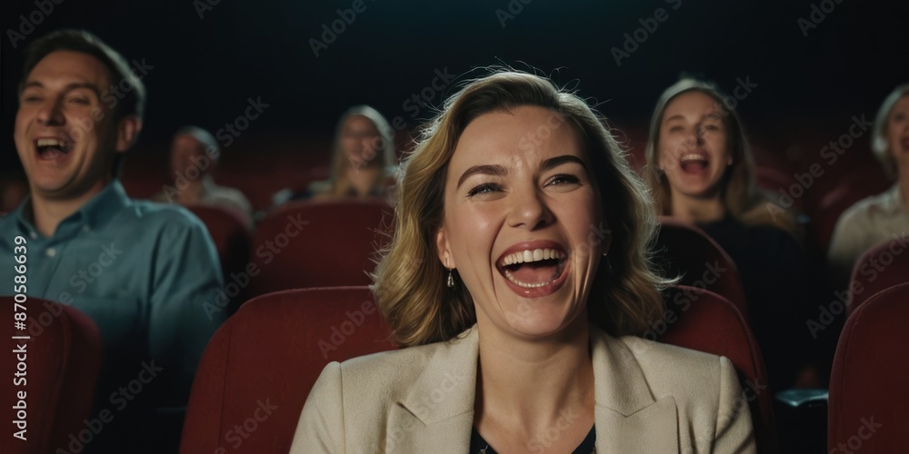 Fototapeta premium A laughing young woman in the cinema watching a comedy movie. Generative AI