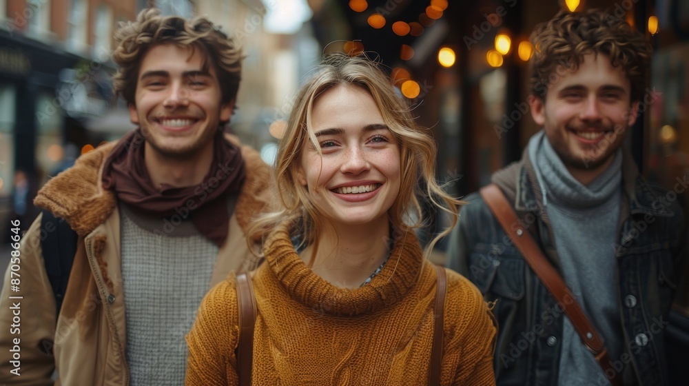 Three friends walk together, smiling and laughing on a city street Three friends walk together, smiling and laughing on a city street