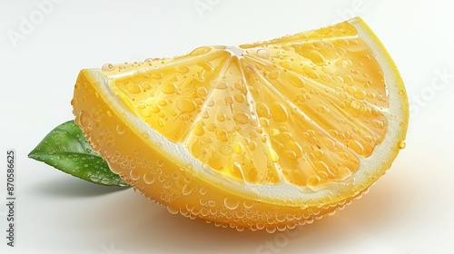 A close-up shot of a juicy lemon slice with dewdrops, accompanied by a green leaf photo