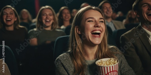 A laughing young woman in the cinema watching a comedy movie. Generative AI