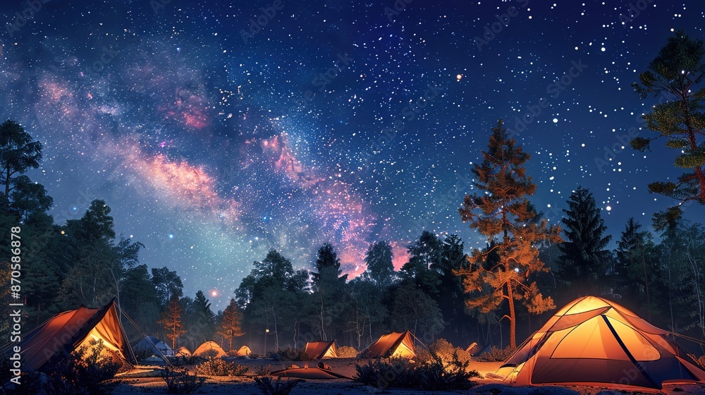 Tranquil Night at a Cosy Campsite - Tents Glowing under Starry Sky Tranquil Night at a Cosy Campsite - Tents Glowing under Starry Sky