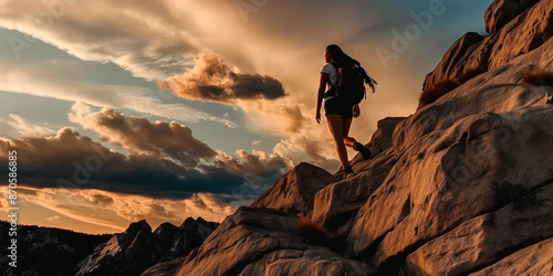 Sunset Trekking: Adventurous Hiker Ascends Rugged Mountain Slopes Under a Majestic Sky © SongMin