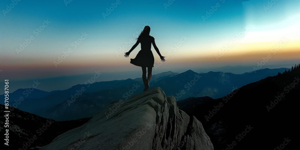 Embracing the Serenity of Dawn on a Mountain Summit: A Hiker's Silhouette Against a Majestic Backdrop Embracing the Serenity of Dawn on a Mountain Summit: A Hiker's Silhouette Against a Majestic Backdrop