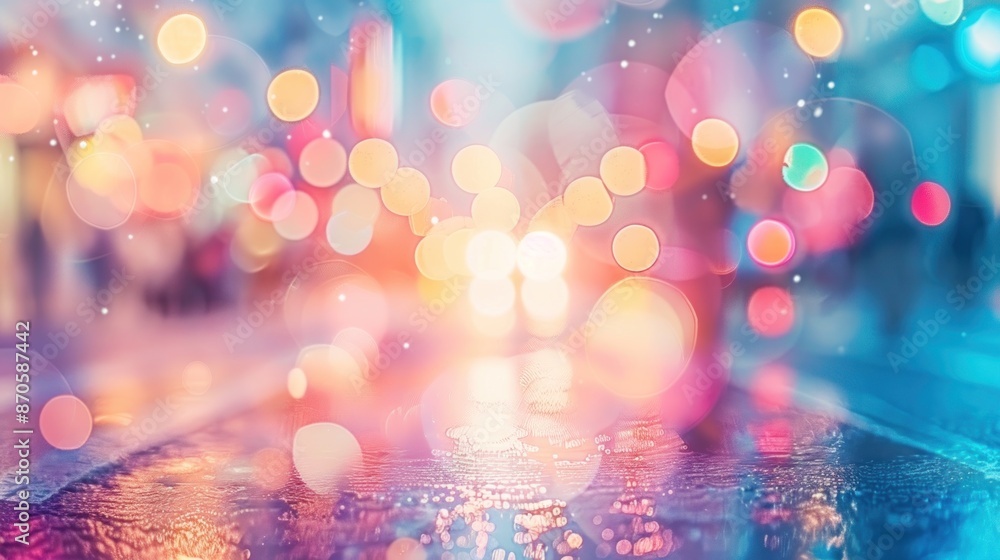 A blurry image of city lights reflecting in a puddle on a wet pavement A blurry image of city lights reflecting in a puddle on a wet pavement