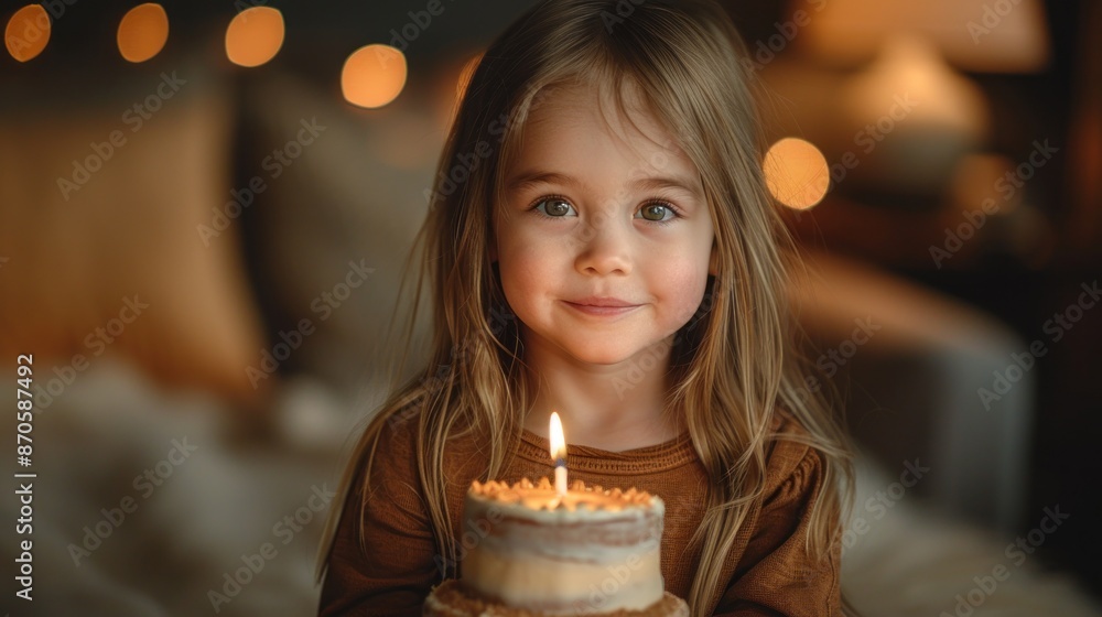 A young girl with blonde hair smiles brightly while holding a birthday cake with a single lit candle A young girl with blonde hair smiles brightly while holding a birthday cake with a single lit candle