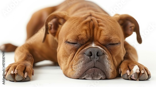 A close-up photo of a brown bulldog puppy sleeping peacefully on a white background © Tetiana