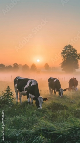 Wallpaper Mural A serene panorama of three cows grazing in a misty meadow as the sun rises over the horizon Torontodigital.ca