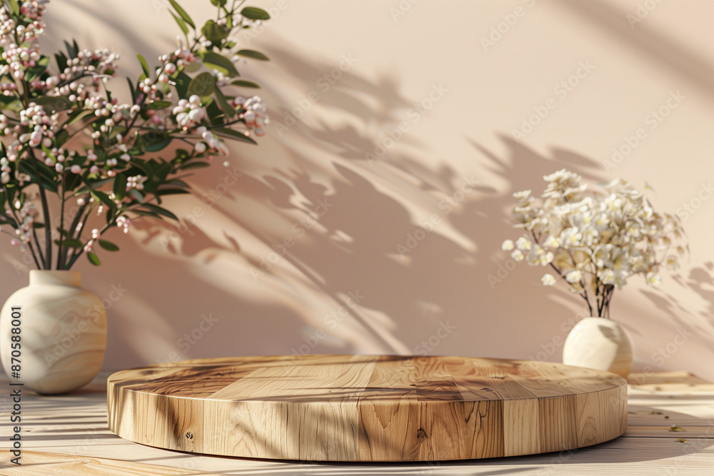 Beautiful round wooden empty podium with space for a product with plant elements soft flowers Beautiful round wooden empty podium with space for a product with plant elements soft flowers