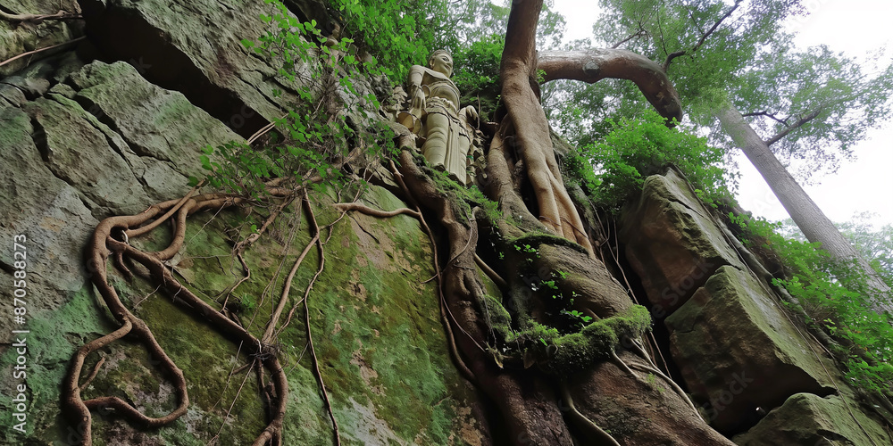 Ancient Stone Carvings Intertwined with Nature in a Serene Forest Setting Ancient Stone Carvings Intertwined with Nature in a Serene Forest Setting