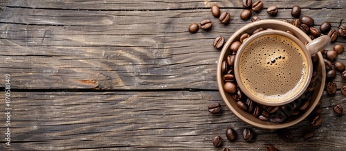 Coffee cup and beans on wooden table provide copy space image.