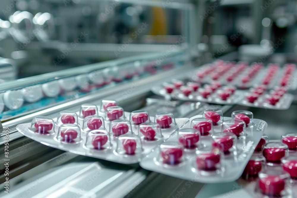 Obraz premium Explore the advanced technology utilized in drug manufacturing with studio isolate shots capturing the medicine tablet packaging process.