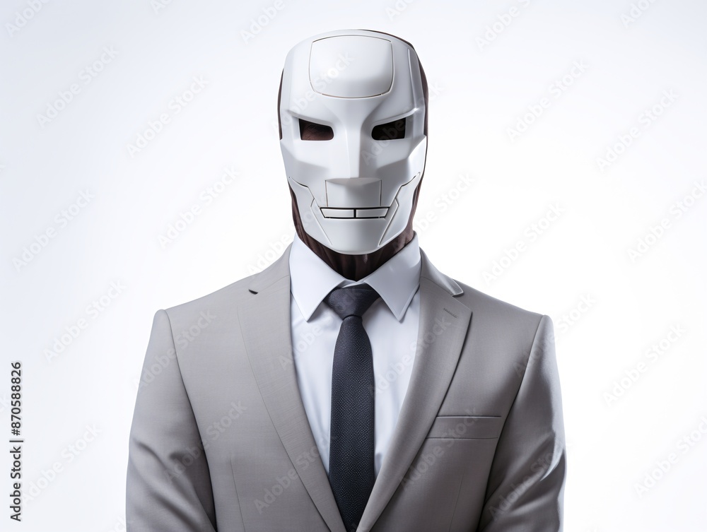 A businessman wearing a white mask and a grey suit, smiling enigmatically. A businessman wearing a white mask and a grey suit, smiling enigmatically.