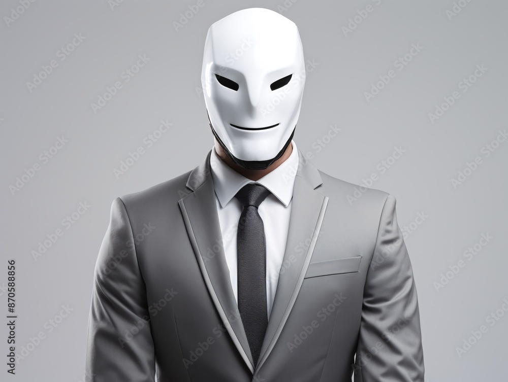 A businessman wearing a white mask and a grey suit, smiling enigmatically. A businessman wearing a white mask and a grey suit, smiling enigmatically.