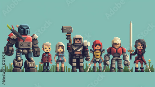 Team of pixel art fantasy rpg video game characters posing in 8 bit style