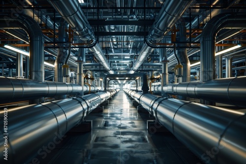 Step into the world of energy infrastructure with studio isolate shots highlighting industrial pipelines in a refinery, pivotal for the efficient processing of gas and oil for industrial use.