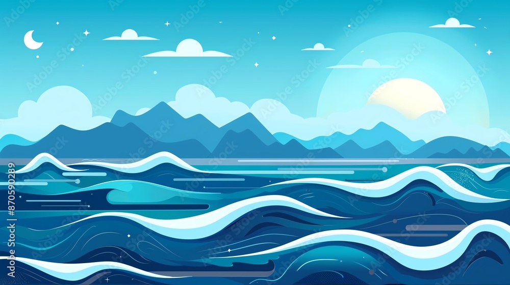 Nature landscapes, coastal view, ocean waves, flat design illustration, Nature landscapes, coastal view, ocean waves, flat design illustration,