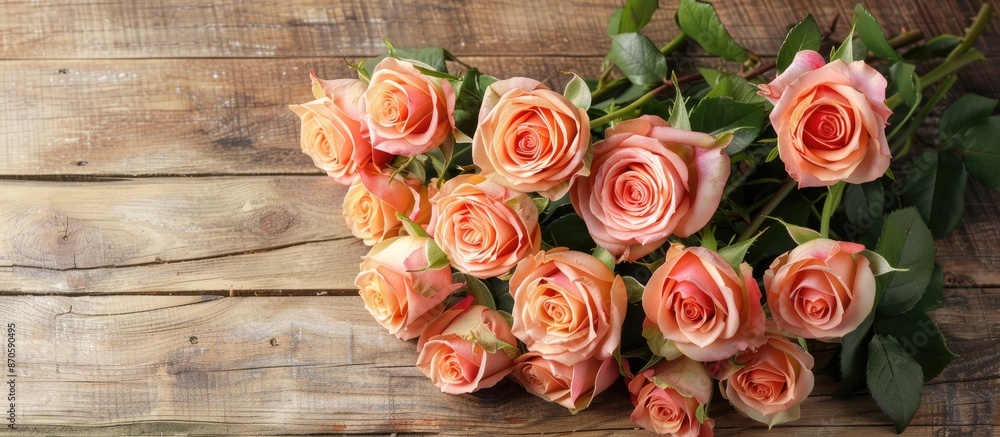 Arranged bouquet of roses on a wooden background with space for image insertion. image with copy space Arranged bouquet of roses on a wooden background with space for image insertion. image with copy space