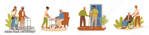 Old people and caregivers cartoon characters isolated scene set