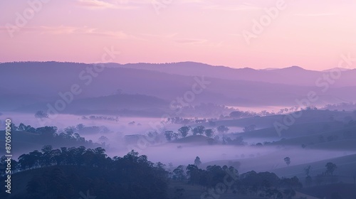 Tranquil Sunrise Over Misty Valley - Layers of Hills in Soft Pink Dawn Sky