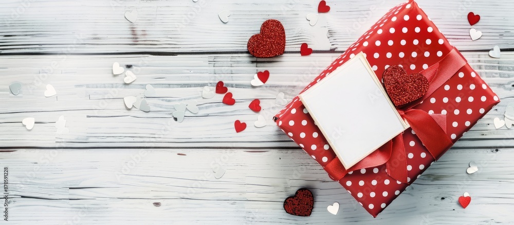 Obraz premium Aerial view of a red polka-dot gift box on a white wooden backdrop with space for text. Includes a blank note and heart-shaped sequins. image with copy space