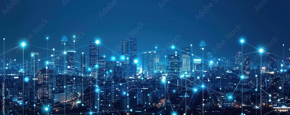 Fototapeta premium Abstract cityscape with interconnected voting icons, digital democracy, modern elections