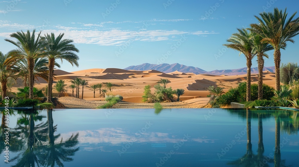 Serene Desert Oasis with Palm Trees and Blue Pool Amidst Dunes Serene Desert Oasis with Palm Trees and Blue Pool Amidst Dunes