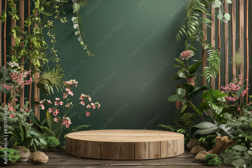 Beautiful round wooden empty podium with space for a product with plant elements soft flowers Beautiful round wooden empty podium with space for a product with plant elements soft flowers