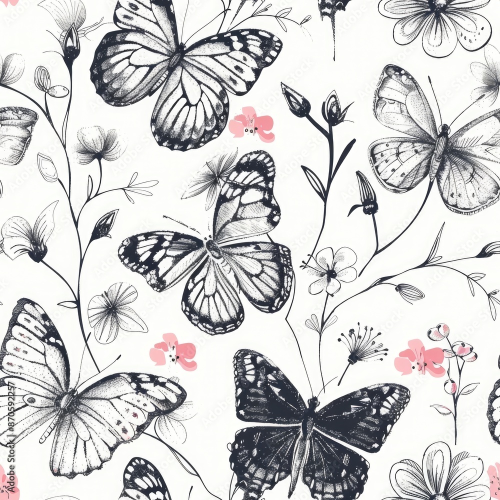 Fototapeta premium A seamless pattern of black and white butterflies with pink flowers on a white background. 