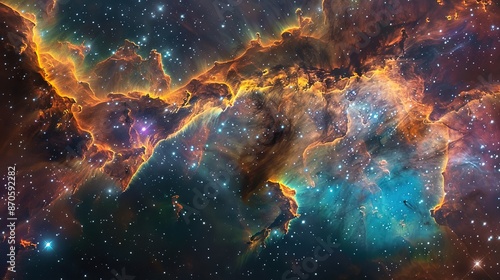 Cosmic Symphony: Spectacular Panoramic View of Vibrant Nebula Illuminated with Iridescent Colors Amidst Stellar Galaxies
