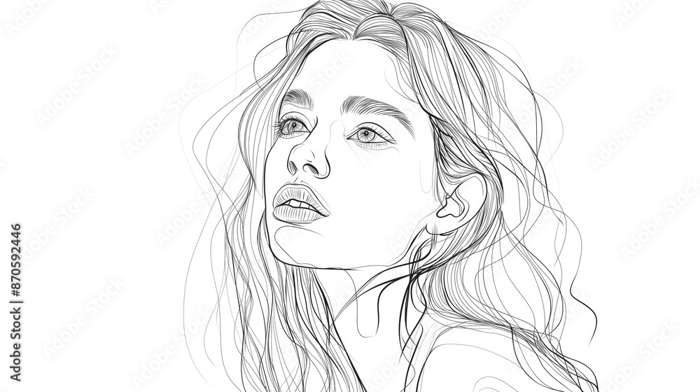 Portrait of a beautiful girl one line drawing style on white background with copy space Portrait of a beautiful girl one line drawing style on white background with copy space