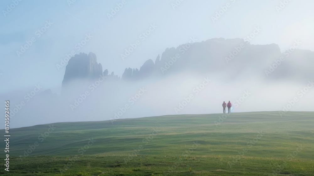 landscape of men and women Beautiful during spring In the morning with thick fog landscape of men and women Beautiful during spring In the morning with thick fog