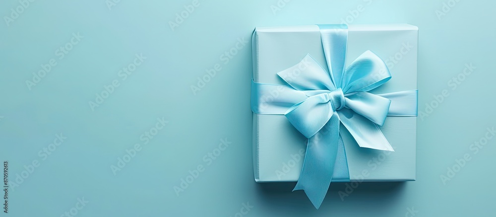 Elegant gift box with a blue bow on light blue, suitable for Father's Day or Valentine's Day, corporate gifting ideas, birthdays, or festive sale promotions with space for text or images Elegant gift box with a blue bow on light blue, suitable for Father's Day or Valentine's Day, corporate gifting ideas, birthdays, or festive sale promotions with space for text or images