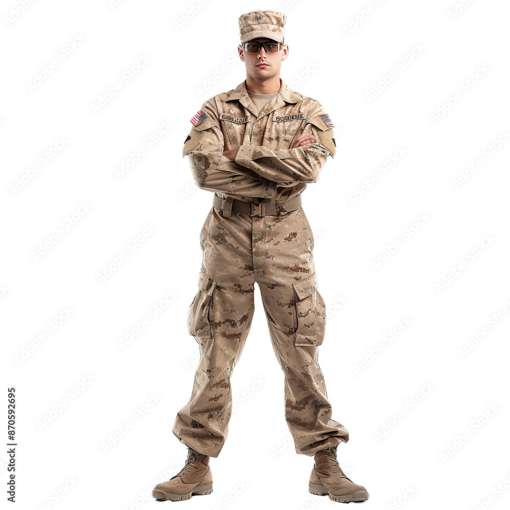 Young, authoritative military personnel stands with arms crossed in camouflage attire Young, authoritative military personnel stands with arms crossed in camouflage attire