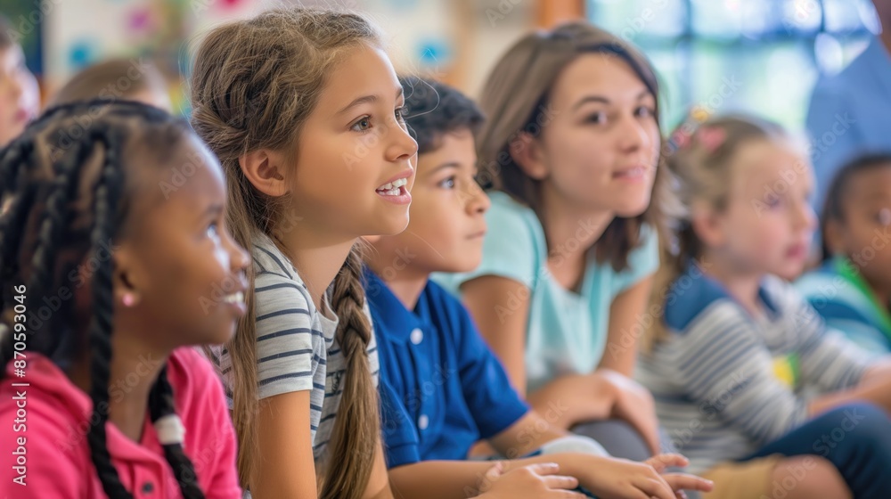 Interested elementary school students in the classroom communicate with the teacher Interested elementary school students in the classroom communicate with the teacher