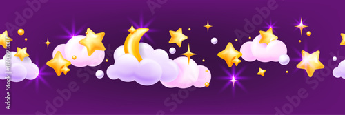 3D star sky seamless border, moon, night objects, cute dream kids vector pink frame, magic clouds. Cartoon kawaii cosmic children panoramic poster, sweet dream wallpaper. Baby 3D star background
