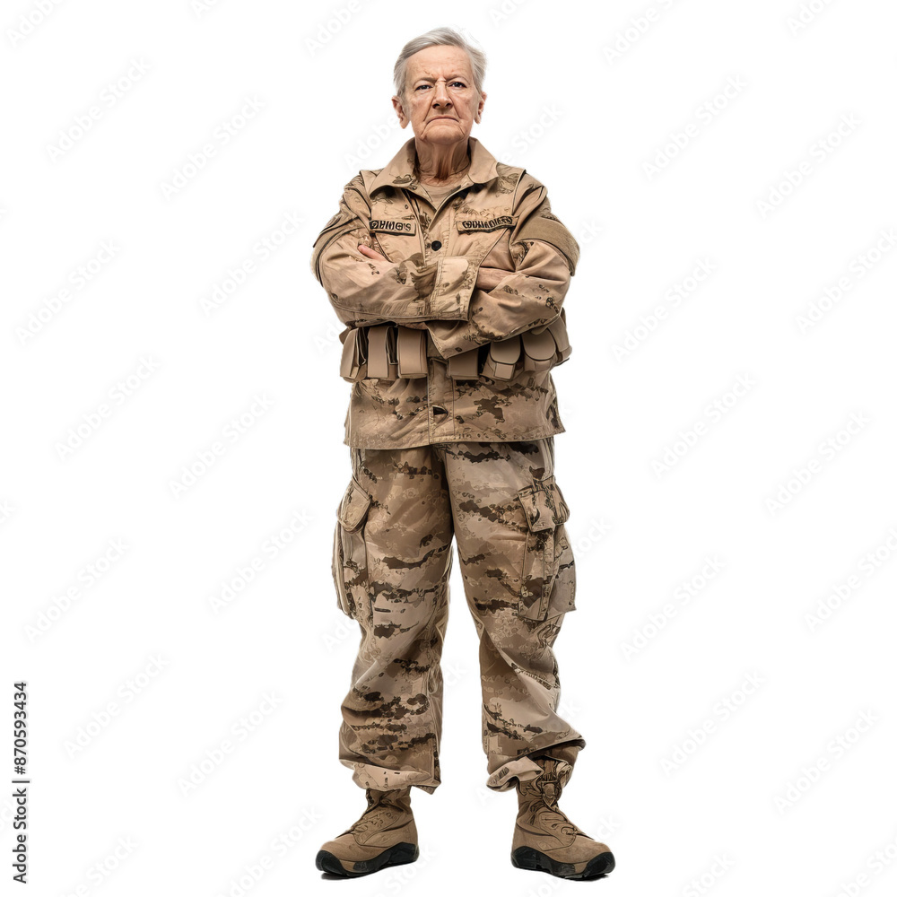 Determined elderly woman in military uniform stands proudly, isolated on transparent background Determined elderly woman in military uniform stands proudly, isolated on transparent background