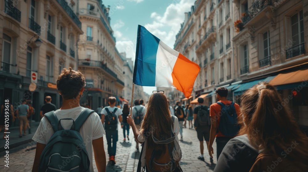Fototapeta premium A sports fans of the national team French flag on his on a Parisian street back view. Football and sport concept