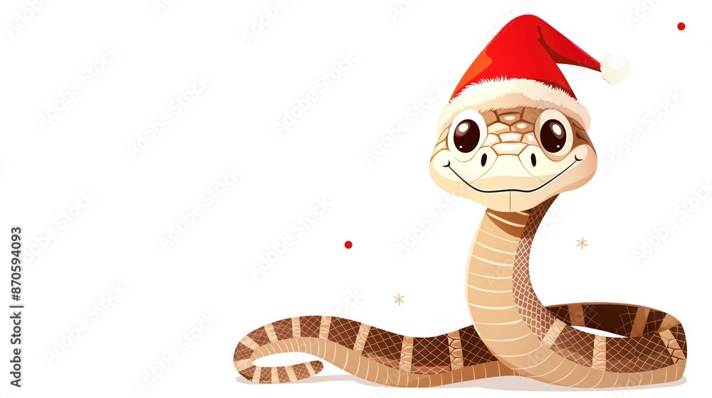 Fototapeta premium Illustration of a cute cartoon snake wearing a Christmas hat on a white background with copy space. New Year card with 2025 year symbol