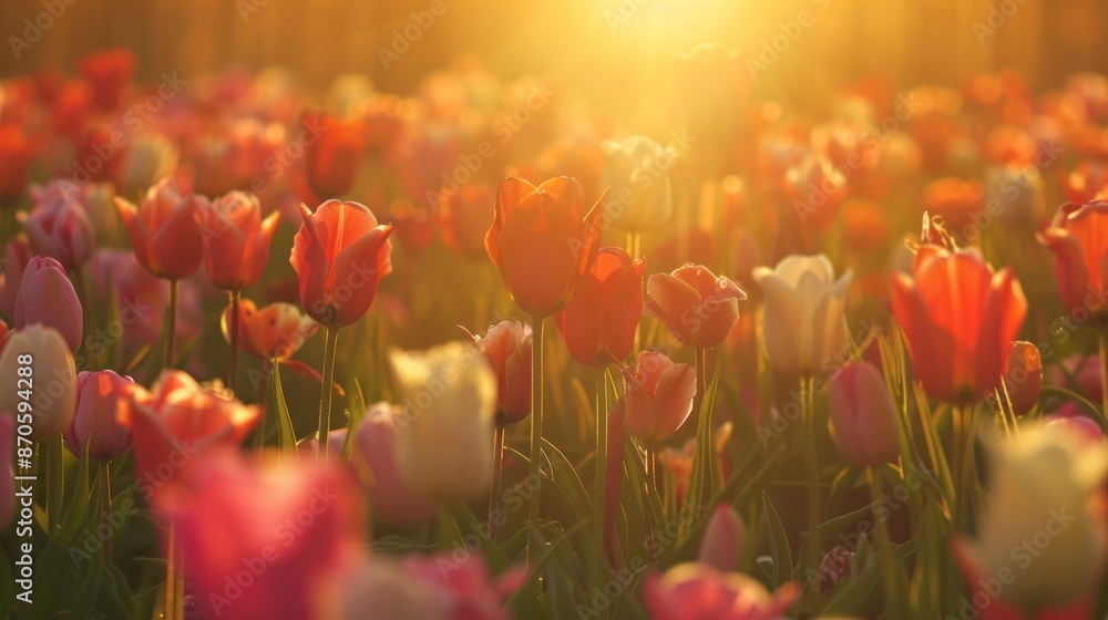 A field of vibrantly colored tulips basking in the golden light of the rising sun. A field of vibrantly colored tulips basking in the golden light of the rising sun.