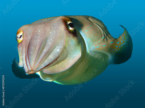 Sepia - Sepia esculenta - isolated against a blue gradient background. I took the underwater photograph of this small cuttlefish during a dive at a coral reef in Raja Ampat, Indonesia 