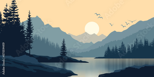 Mountain lake at dawn, morning light and sun, vector illustration