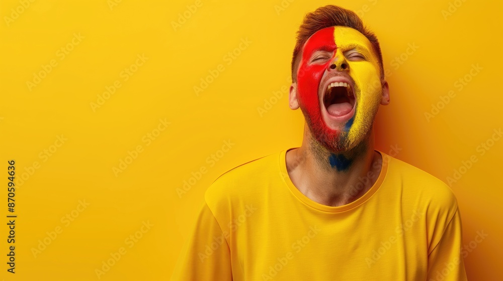 Football fan with a painted yellow and red flag on his face emotionally celebrates the victory of his favorite team on a yellow background. Football and sport concept Football fan with a painted yellow and red flag on his face emotionally celebrates the victory of his favorite team on a yellow background. Football and sport concept