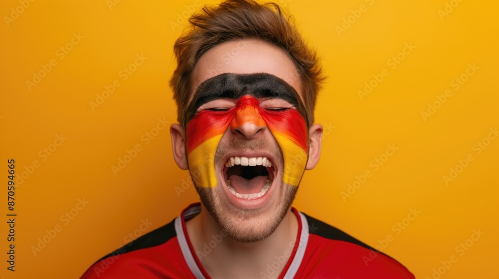 Football fan with a painted German flag on his face emotionally celebrates the victory of his favorite team on a yellow background. Football and sport concept
Football fan with a painted German flag on his face emotionally celebrates the victory of his favorite team on a yellow background. Football and sport concept