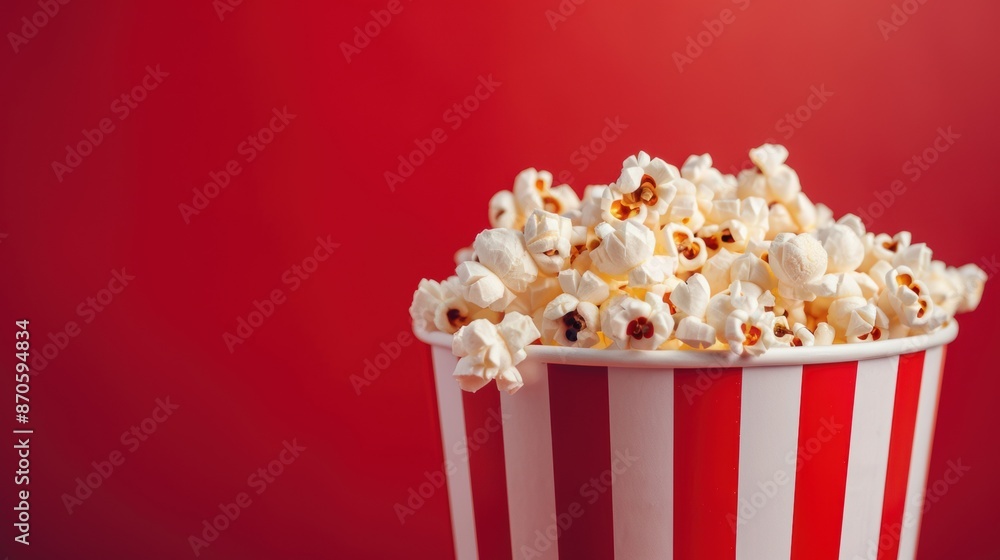 A bucket of freshly popped popcorn against a vibrant red background, perfect for movie nights and snack time. A bucket of freshly popped popcorn against a vibrant red background, perfect for movie nights and snack time.