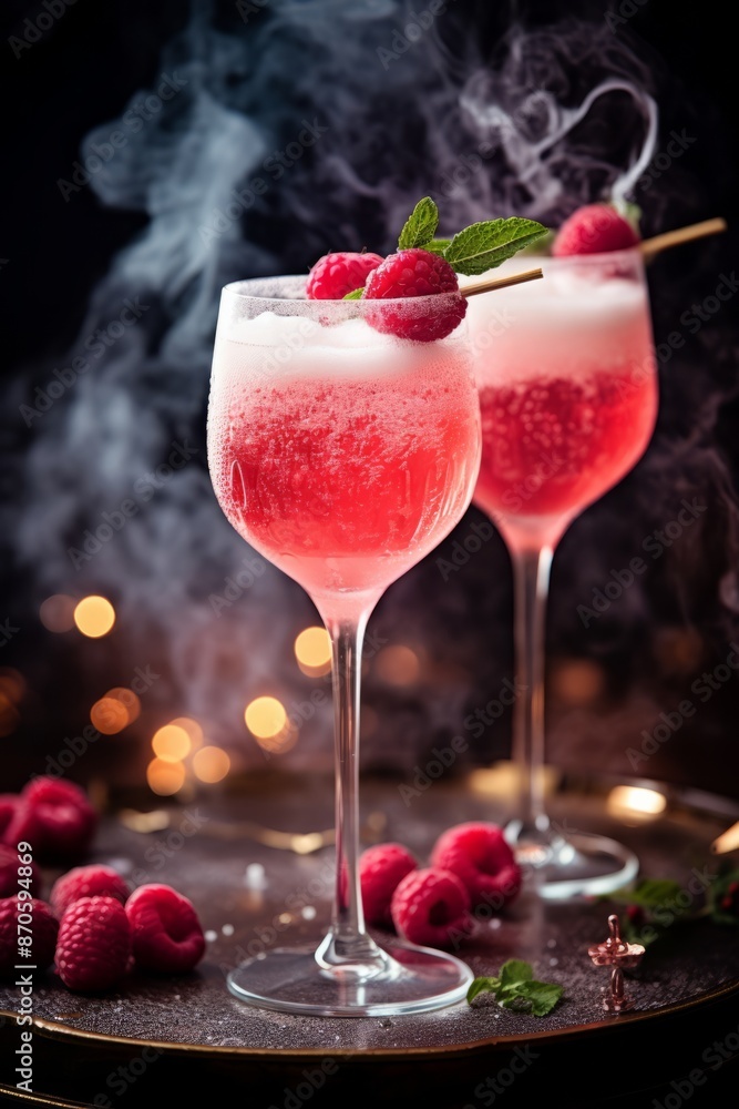 Two glasses filled with raspberry spritz cocktails sit on a table. The drinks are bubbly and garnished with sugared raspberries, creating a refreshing and summery scene Two glasses filled with raspberry spritz cocktails sit on a table. The drinks are bubbly and garnished with sugared raspberries, creating a refreshing and summery scene